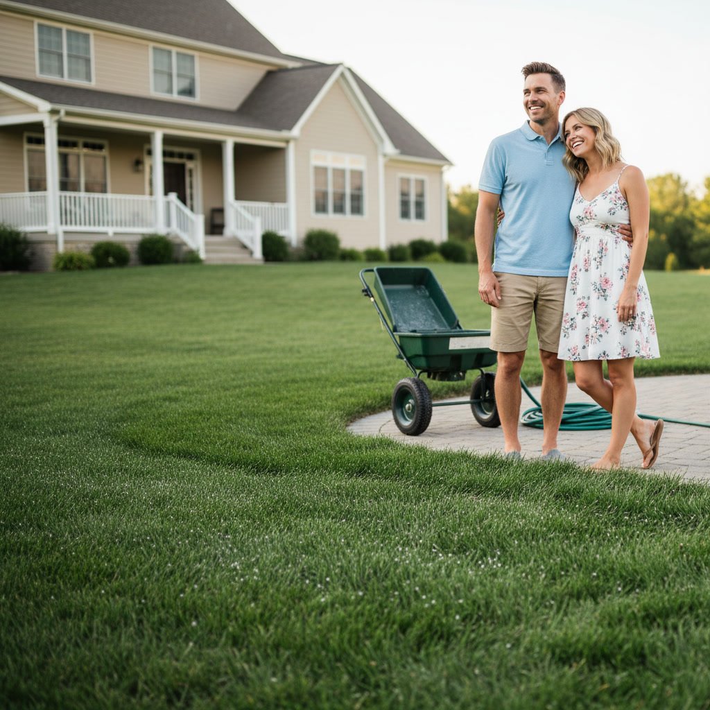 Landscaper aerating residential lawn in Wantagh yard