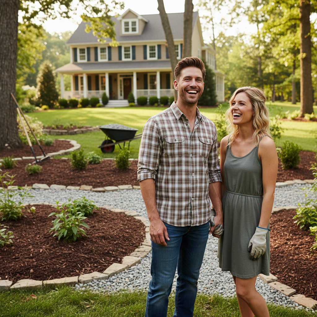 Landscaper edging lawn border at Farmingdale residential property