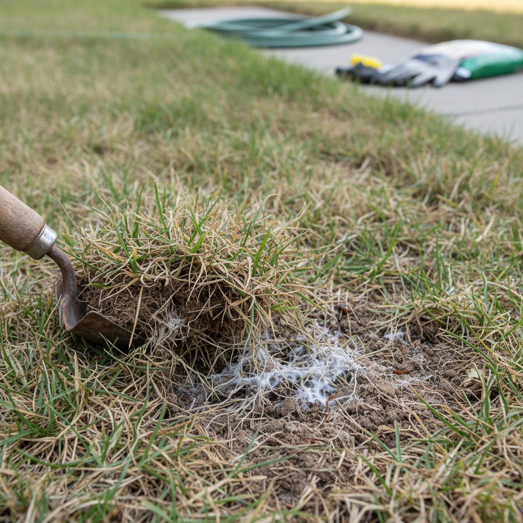 Lawn with visible brown patches and sparse turf growth showing signs of professional care needs