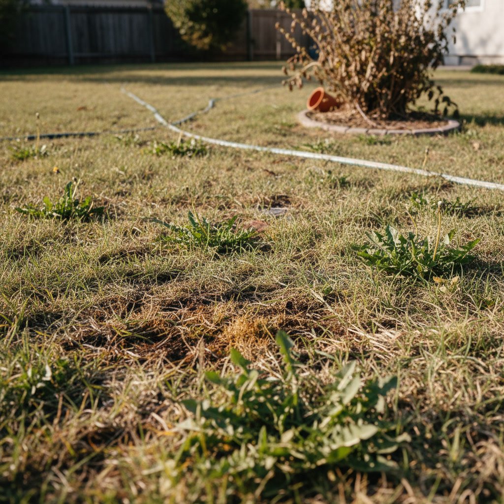 Brown patches and weeds indicating lawn needs professional care