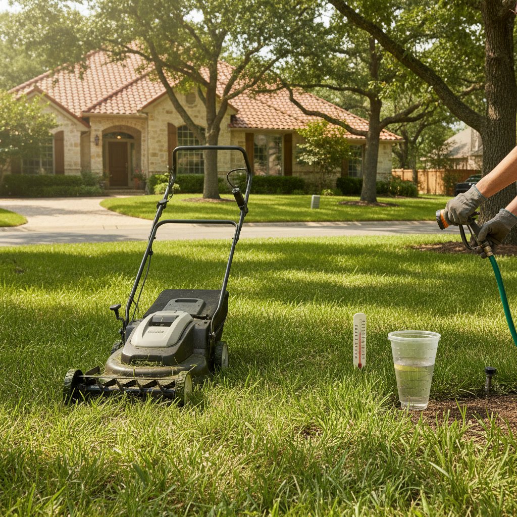 Lawn mower set to proper blade height for summer grass cutting