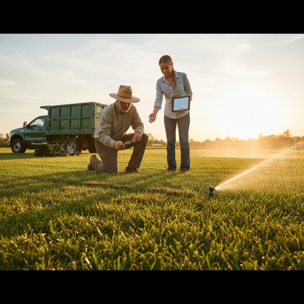 Professional lawn care specialist inspecting turf health and soil conditions in Lindenhurst