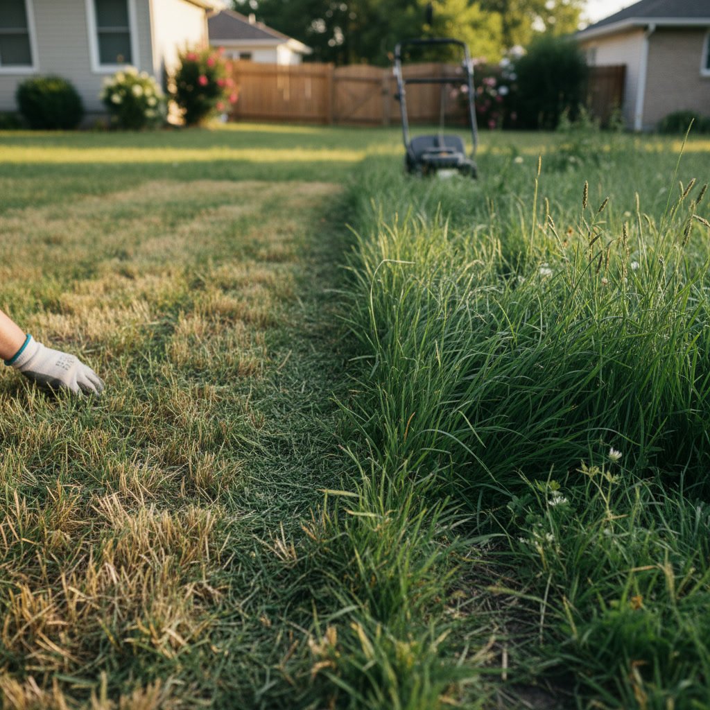 Close-up of grass blades at optimal three-inch mowing height