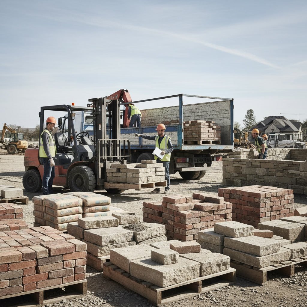 Mason laying first course of stone blocks on concrete foundation