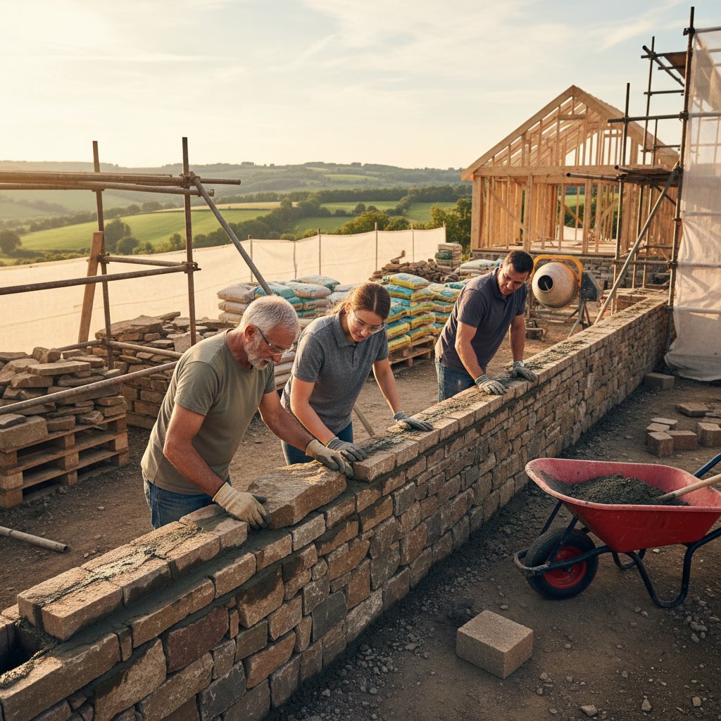 Professional masonry team constructing stone wall with level and mortar tools