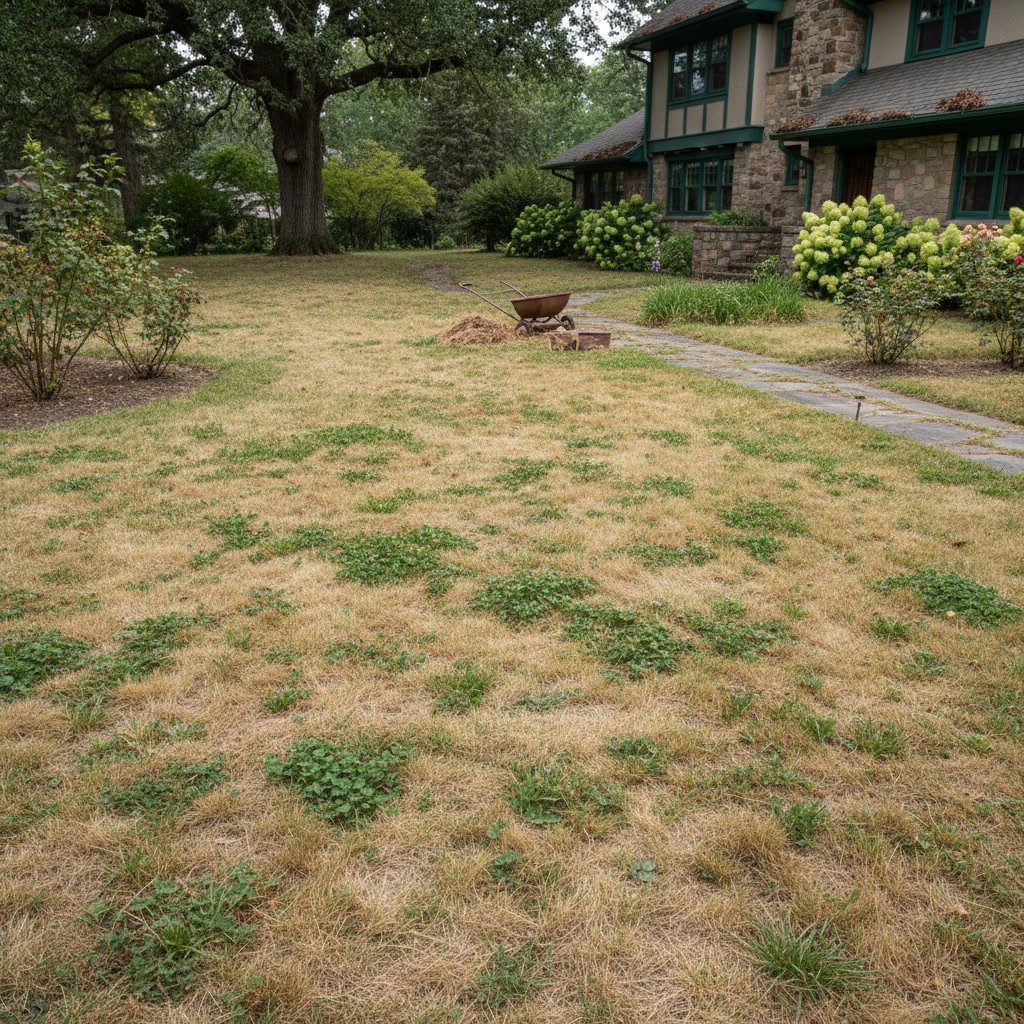 Professional lawn fertilization service creating lush green healthy grass